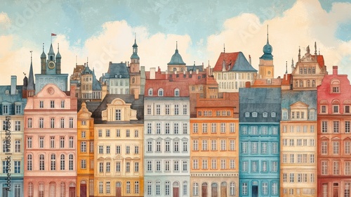 Colorful European Cityscape Row of Historic Buildings