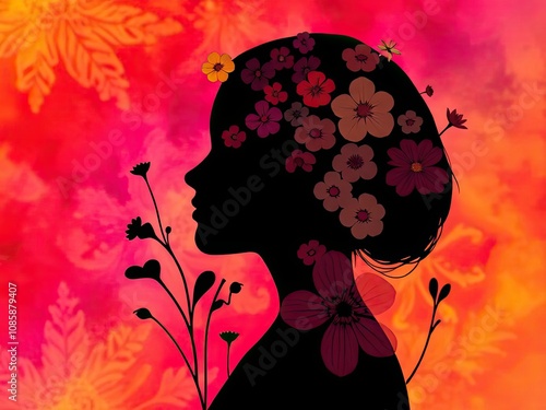 Silhouette of a girl with flowers photo