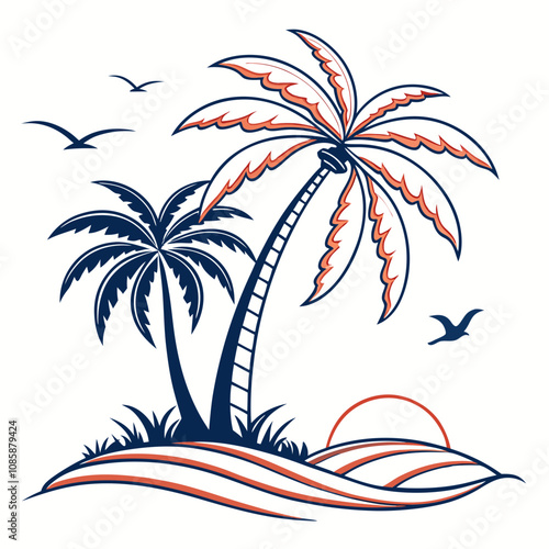 Palm Tree Vector Illustration, Tropical Island with Palms, Tropical Beach Vector Artwork, Exotic Paradise Scene, Coastal Landscape Clipart, Summer Vacation Design, Beach Holiday Graphic

