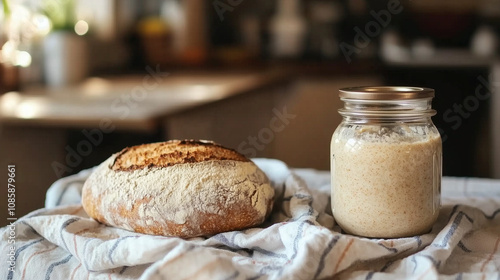 A jar of sourdough starter beside a freshly baked loaf of sourdough in a quaint country kitchen.