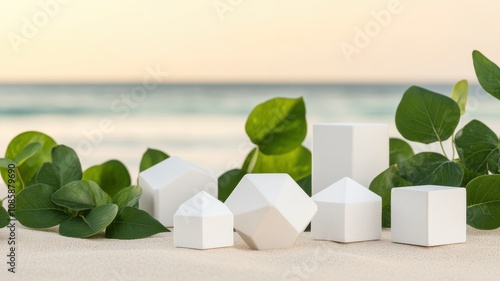 Minimalist geometric shapes by the beach.