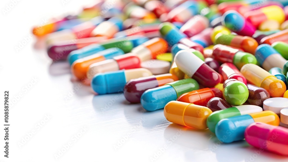 Colored pills and capsules on a white background low angle view Colored pills and capsules on a white background low angle view