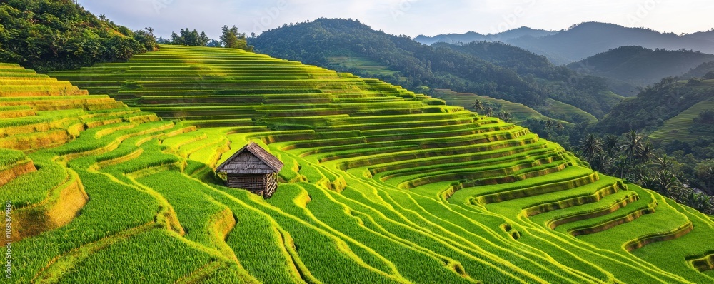 Obraz premium Lush green terraced fields under a blue sky.