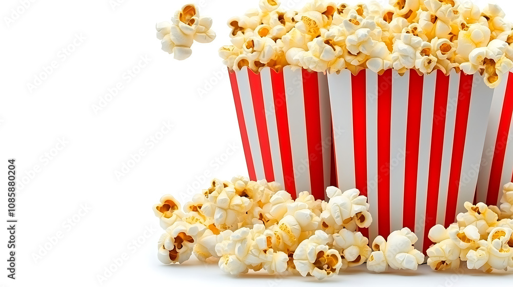 Popcorn exploding from a red and white striped container on white background Popcorn exploding from a red and white striped container on white background