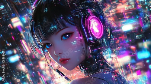 Futuristic cyber girl with neon lights in digital city.