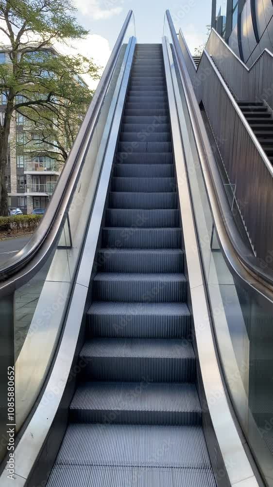 The steps of the escalator move up in the soft daylight at the central station in the Hague, Netherlands
The steps of the escalator move up in the soft daylight at the central station in the Hague, Netherlands