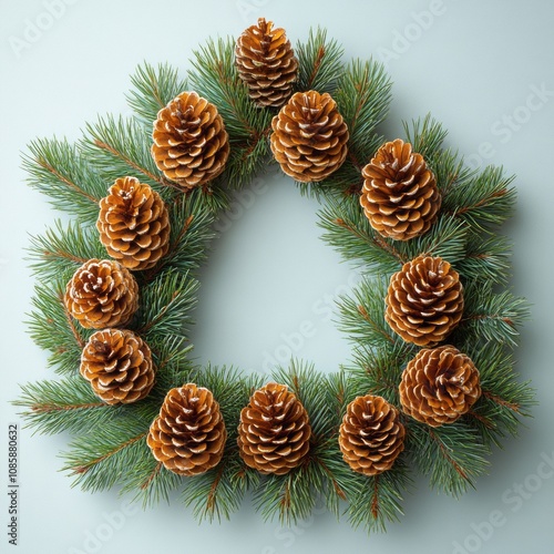 White background, pine tree branches forming the shape of an open triangle with pine cones at its point. Christmas atmosphere. Rustic holiday decor, winter branding, and DIY crafts