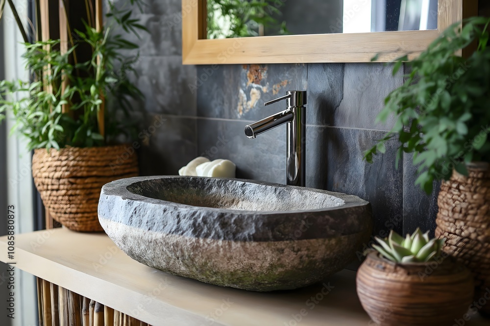 Organic Bathroom Design with Stone Sink, Bamboo Accents, Indoor Plants, Natural Stone Tiles, Spa-Like Ambiance Organic Bathroom Design with Stone Sink, Bamboo Accents, Indoor Plants, Natural Stone Tiles, Spa-Like Ambiance