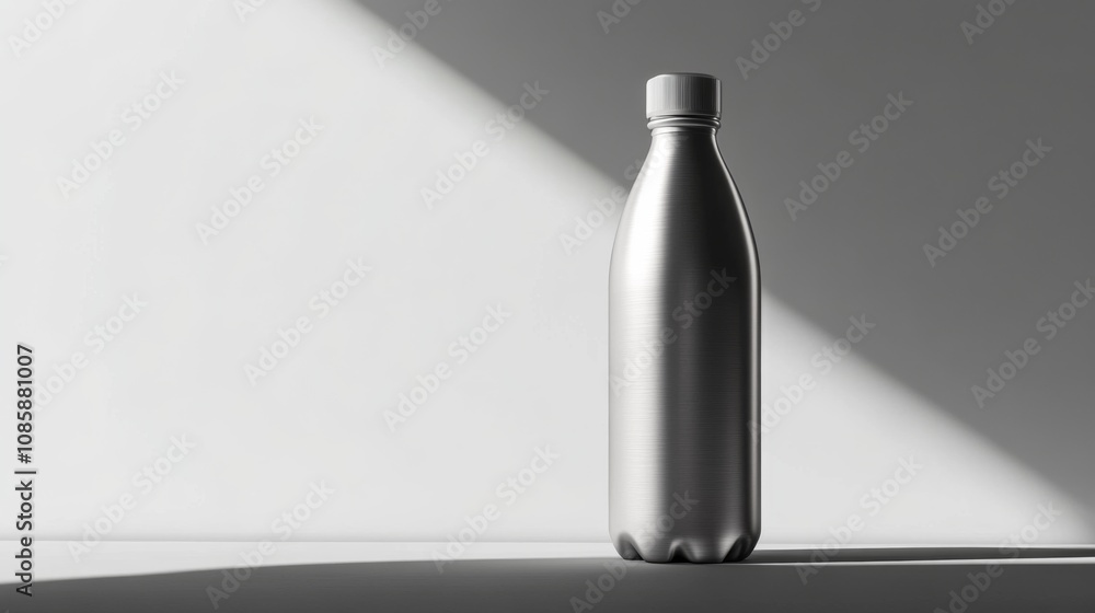 A silver water bottle stands on a white surface in a spotlight. A silver water bottle stands on a white surface in a spotlight.