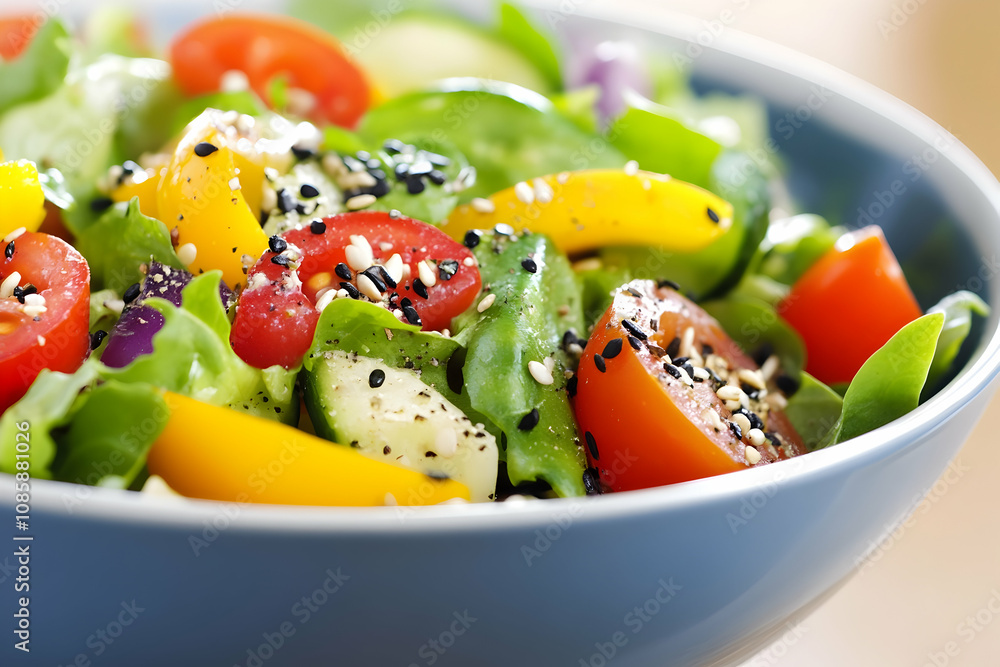 A bowl of fresh greens, tomatoes, and peppers highlights today’s healthy meal choice A bowl of fresh greens, tomatoes, and peppers highlights today’s healthy meal choice