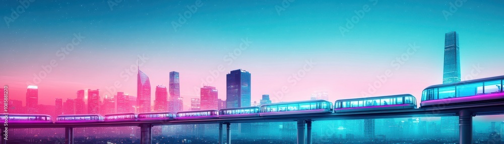 Futuristic city skyline with vibrant trains. Futuristic city skyline with vibrant trains.