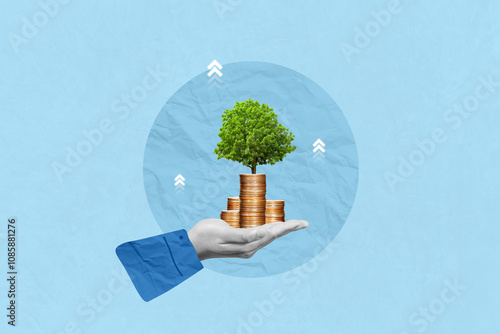 Creative art collage of investment, finance, saving money and business strategy. A man placing coins with growing tree on row of coin money for financial developments and business growth photo