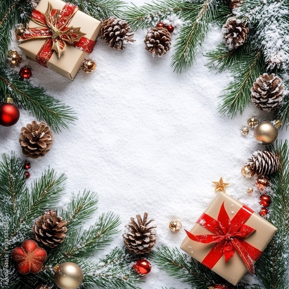 Flay Lay Square Christmas Frame Background with Christmas Ornament Decoration and Snow on Background, Top View Festive Christmas Background with Copy Space for Text Adding at Center Flay Lay Square Christmas Frame Background with Christmas Ornament Decoration and Snow on Background, Top View Festive Christmas Background with Copy Space for Text Adding at Center