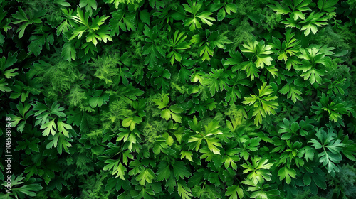 Lush green parsley leaves creating dense natural pattern, fresh organic herbs background showing vibrant foliage texture and healthy garden growth