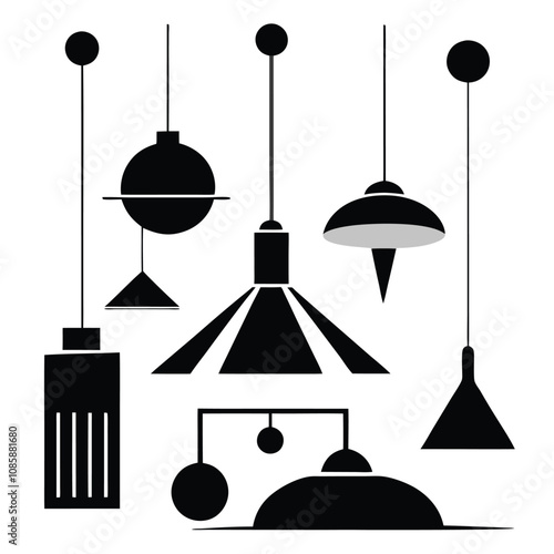 A vector illustration set of antique home interior light fixtures, including table lamps, floor lamps, and chandeliers, perfect for room decor designs