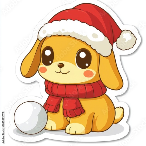 Adorable Cartoon Puppy Wearing Santa Hat and Scarf with Snowball photo