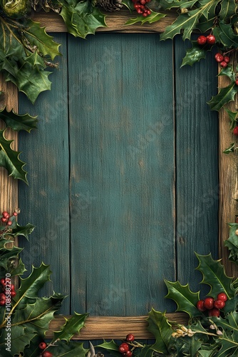 Festive Christmas background with a garland frame and holly tree branch above a rustic wooden surface