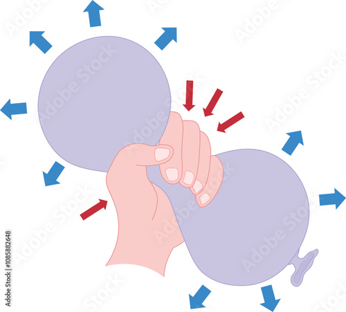 Pascal's principle or Pascal's law. Hand squeezed balloon. When pressure is applied to a liquid in a closed system, the same pressure applies throughout the system. Vector

