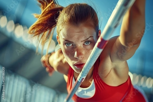 Determined female athlete preparing for pole vault at an outdoor sports facility, showcasing focus