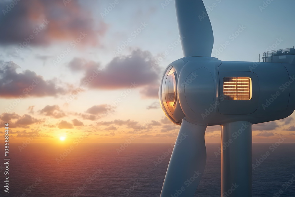 Golden rays of the sunset cast a warm glow on the wind turbine overlooking gentle ocean waves Golden rays of the sunset cast a warm glow on the wind turbine overlooking gentle ocean waves