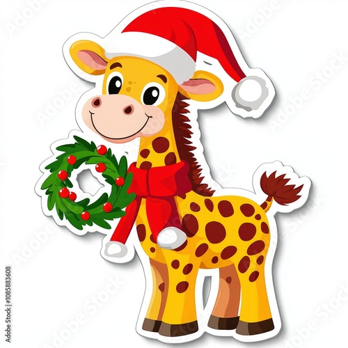 Adorable Christmas Giraffe with Wreath - Festive Holiday Cartoon Illustration photo