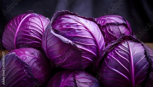 A bunch of purple cabbages placed side by side, perfect for a still life or food related scene photo