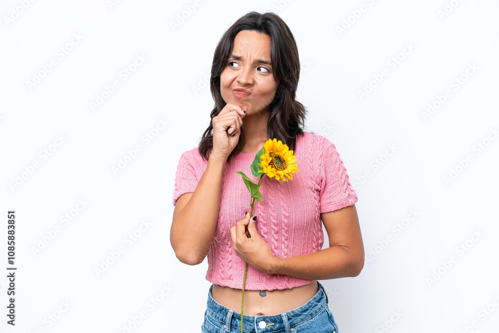 Young hispanic woman holding sunflower isolated on white background and looking up Young hispanic woman holding sunflower isolated on white background and looking up