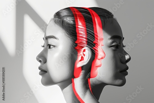 Exploring contrast and harmony in dual profile portraits featuring a striking red accent photo