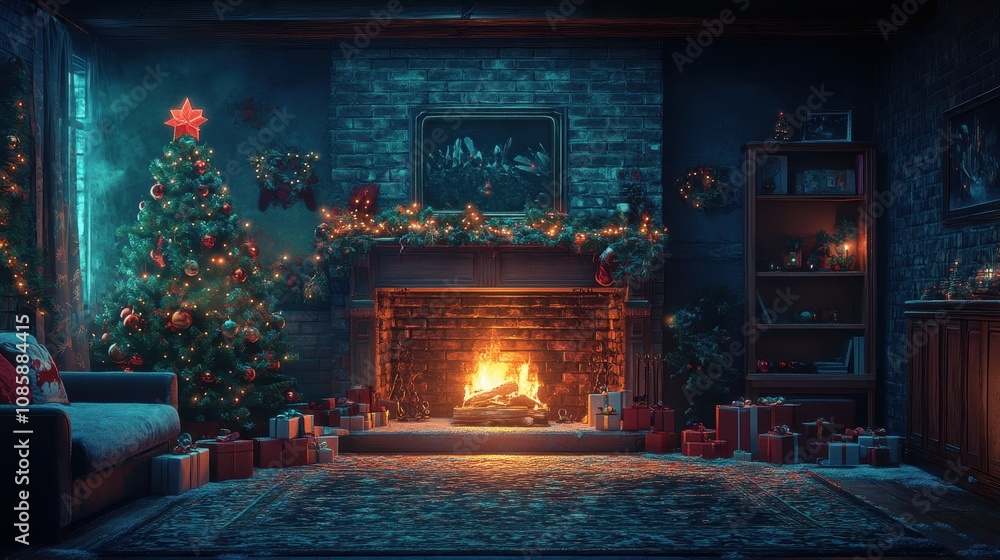 Home interior decorated on Christmas holidays, dark living room with fireplace and Christmas tree at night. Concept of xmas, house, decor. Home interior decorated on Christmas holidays, dark living room with fireplace and Christmas tree at night. Concept of xmas, house, decor.