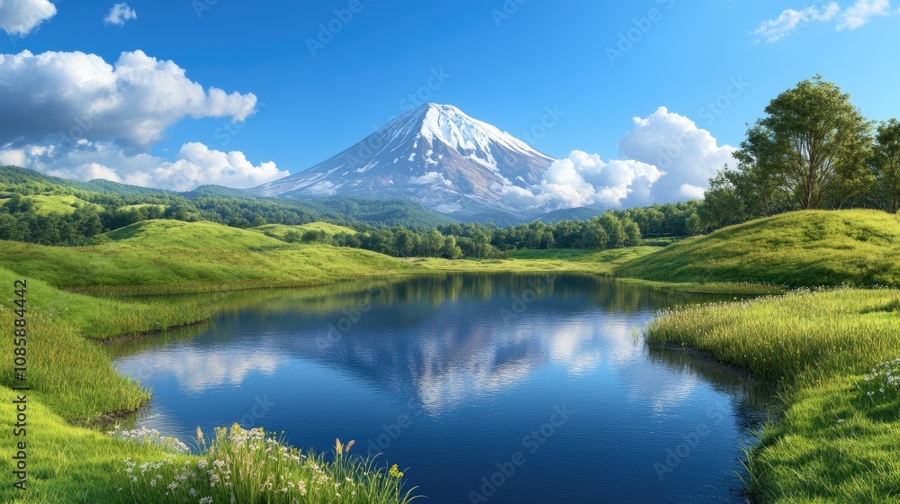 Tranquil lake with Mount Fuji backdrop and lush greenery under a clear blue sky in Japan Tranquil lake with Mount Fuji backdrop and lush greenery under a clear blue sky in Japan