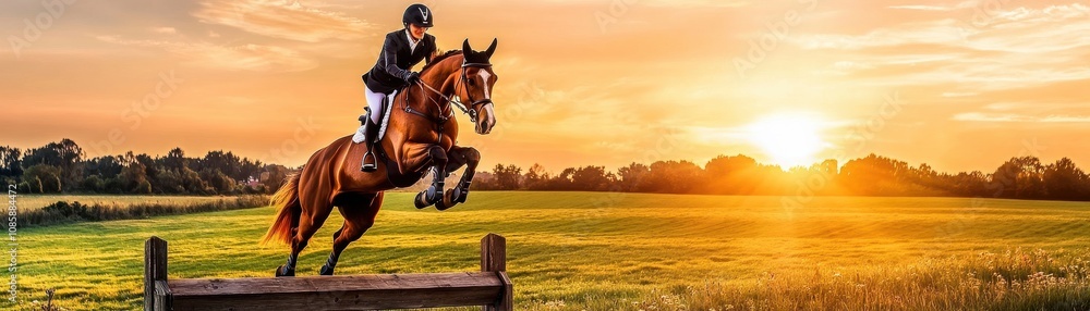 Obraz premium Horse jumping over a fence at sunset.