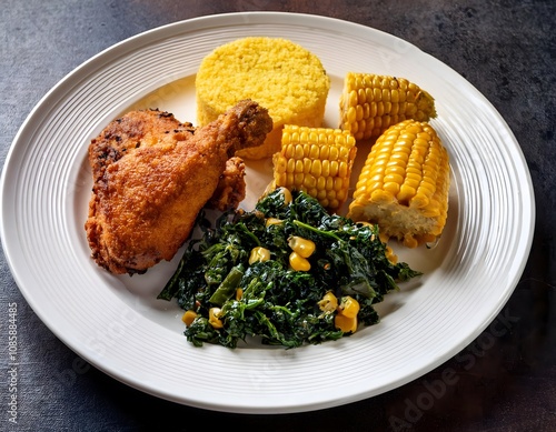 Southern Fried Chicken Collard Greens Cornbread and Corn on White Plate photo