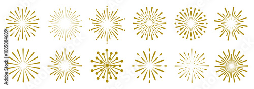 Fireworks set, gold fireworks with lines and sparkles, firework collection