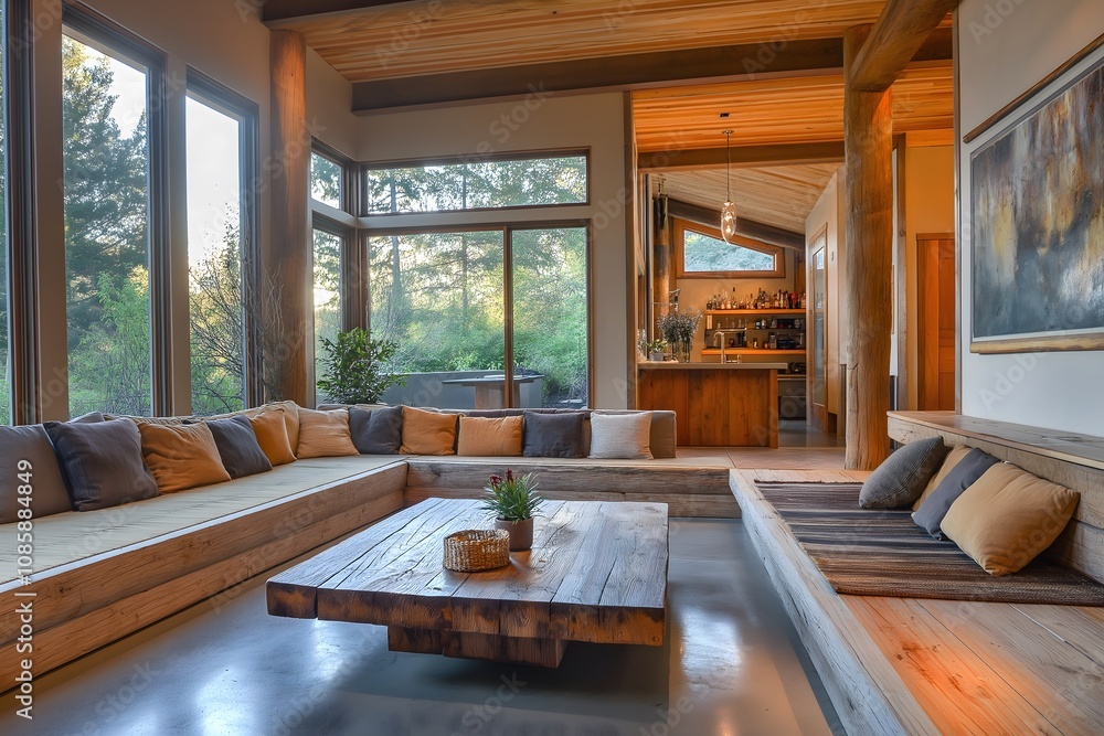 Modern Eco-Friendly Living Room with Low-Impact Materials, Sustainable Decor, Reclaimed Wood Coffee Table, Cozy Vibe Modern Eco-Friendly Living Room with Low-Impact Materials, Sustainable Decor, Reclaimed Wood Coffee Table, Cozy Vibe