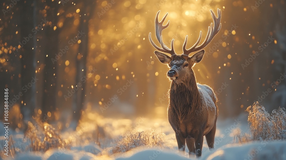 Majestic large deer with shimmering golden antlers standing gracefully in a serene snow-covered forest Majestic large deer with shimmering golden antlers standing gracefully in a serene snow-covered forest