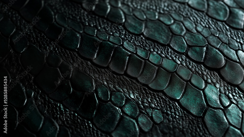 Fototapeta premium Textured close-up of dark green snake skin highlighting scales and patterns under soft lighting in a natural setting