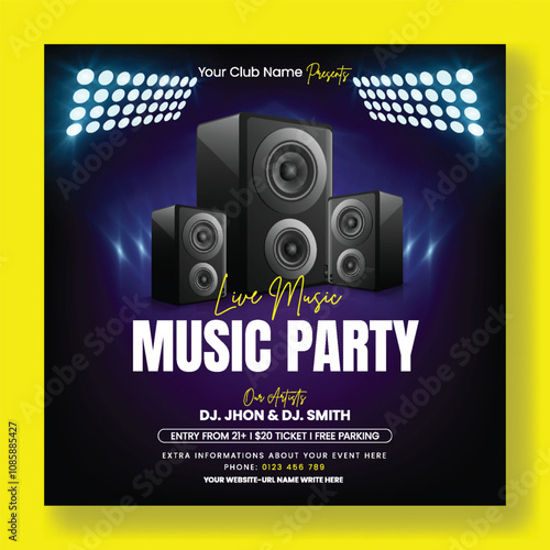 Modern Night party Social media post banner ad template, night dance party music night poster. Electro style concert disco club party event flyer invitation design with neon light , speaker background