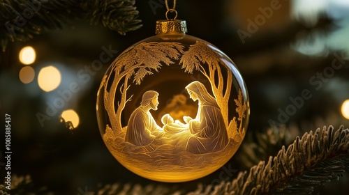 A beautifully crafted ornament featuring the nativity scene, capturing the essence of Christmas with warm glowing lights