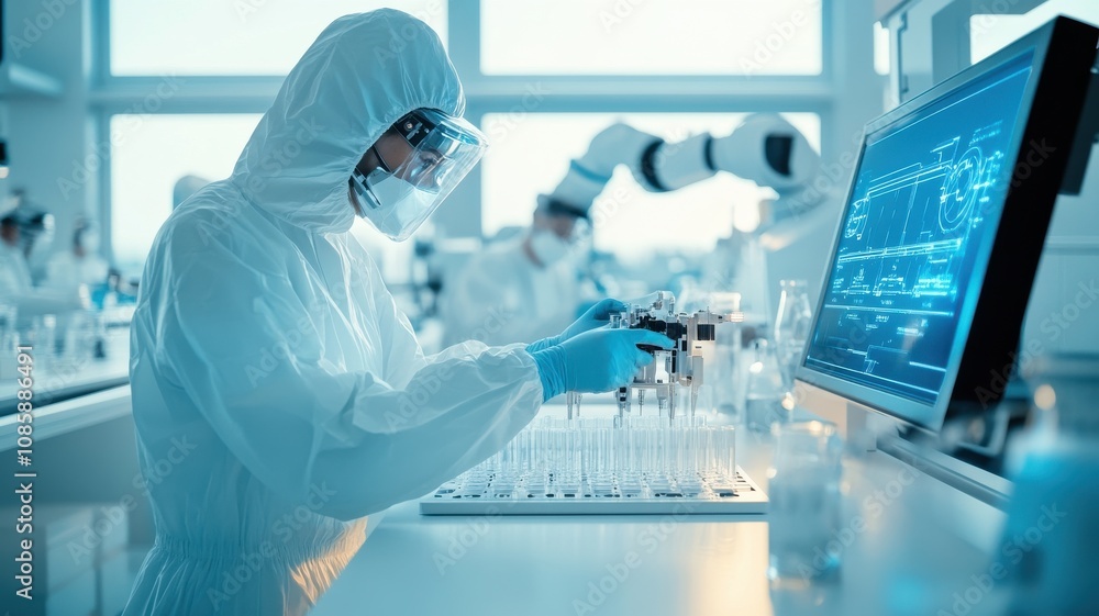 Scientist analyzing data in a laboratory setting. Scientist analyzing data in a laboratory setting.