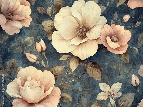 Wallpaper Mural Vintage floral pattern with peach flowers on blue background. Torontodigital.ca