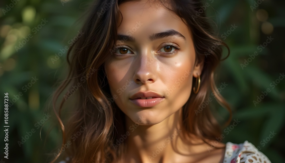 Retrato de una mujer con rasgos armoniosos, resaltando su belleza natural en un entorno cálido y elegante. Retrato de una mujer con rasgos armoniosos, resaltando su belleza natural en un entorno cálido y elegante.