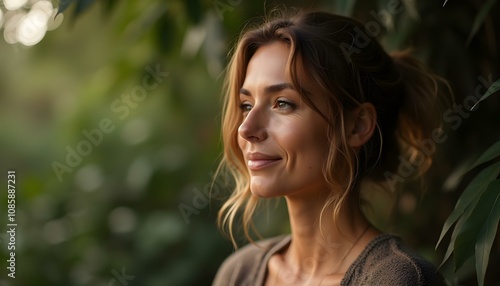 Retrato de una mujer con rasgos armoniosos, resaltando su belleza natural en un entorno cálido y elegante.