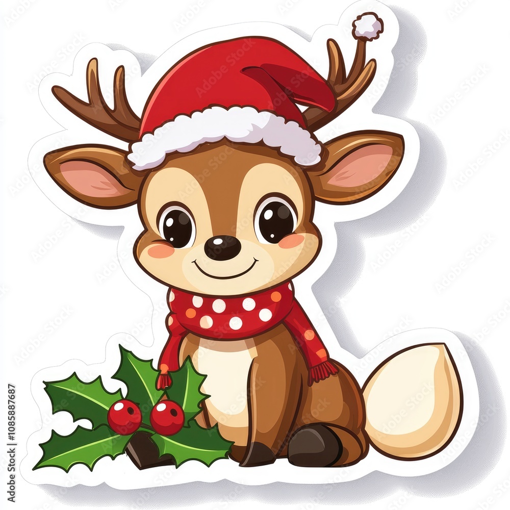 Adorable Christmas Reindeer with Holly Sticker Design