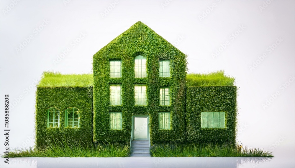 House completely covered in green grass and foliage, concepts of eco friendly architecture, sustainable living, sustainable investments, green loan and green mortgage.