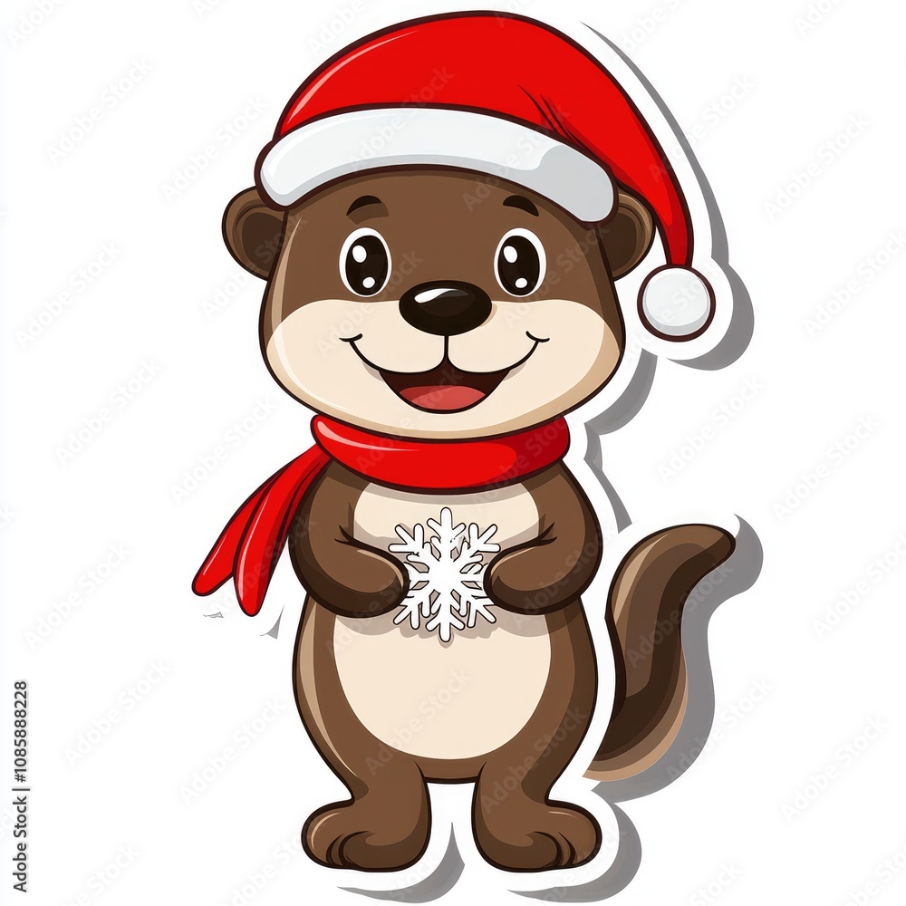 Adorable Otter in Santa Hat Holding Snowflake - Christmas Animal Cartoon Adorable Otter in Santa Hat Holding Snowflake - Christmas Animal Cartoon