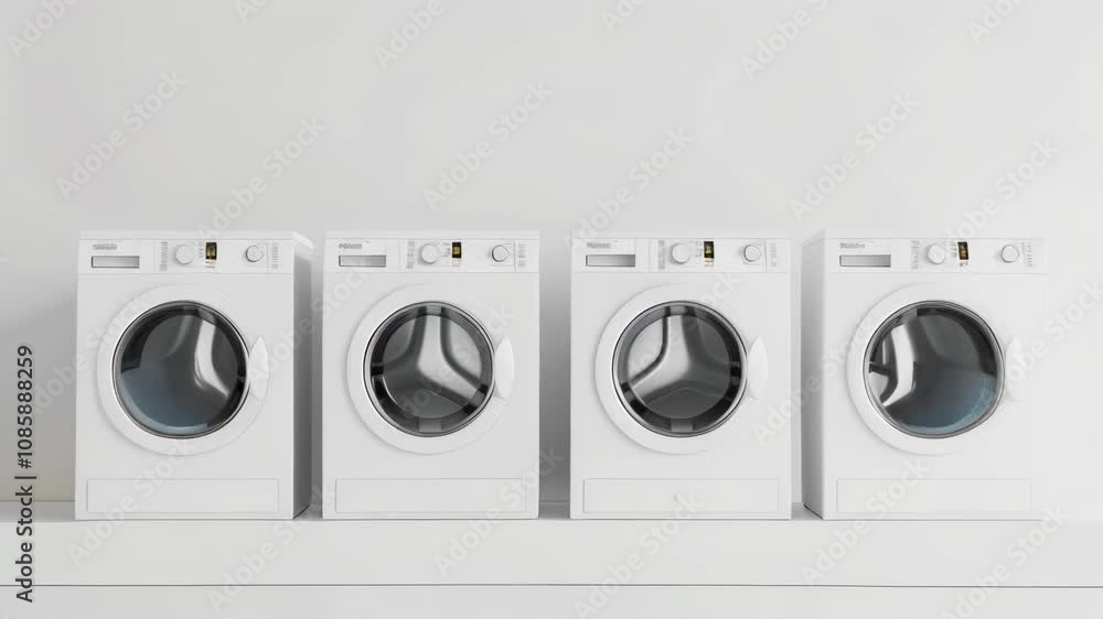 Four white washing machines stand in a row against a white wall, two of them actively washing clothes, symbolizing laundry service, cleanliness, and modern appliance technology Four white washing machines stand in a row against a white wall, two of them actively washing clothes, symbolizing laundry service, cleanliness, and modern appliance technology