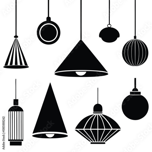 Set of vector silhouettes and icons of lamps and chandeliers with decorative holiday elements