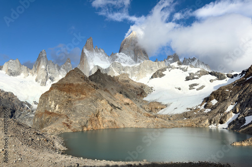 Panoramic View of Mount Fitz Roy and the Glacial Lake