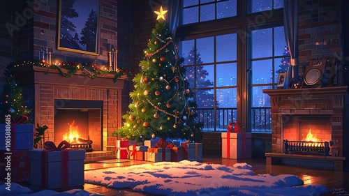 fireplace with christmas tree and decorations