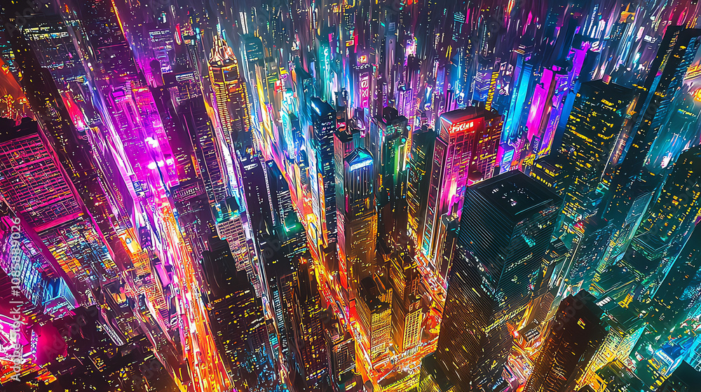 Aerial view of a vibrant futuristic cityscape illuminated by neon lights at night showcasing towering skyscrapers and bustling activity Aerial view of a vibrant futuristic cityscape illuminated by neon lights at night showcasing towering skyscrapers and bustling activity